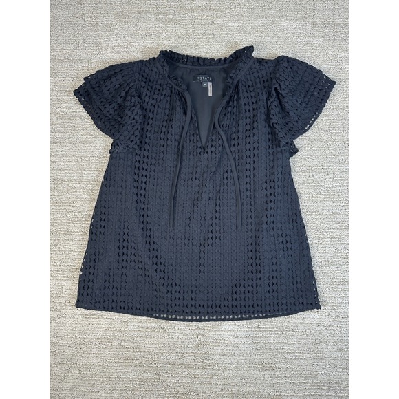 1.STATE Tops - 1.STATE Black Eyelet Lace Flutter Sleeve Blouse Ruffle Tie Neck Top 8133039 M
